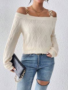 Women Sweaters, Causual Outfits, Shoulder Sweater, Chain Strap, Women Clothing, Cut Out, Knitwear, Sweaters For Women, Collar