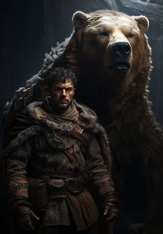 a man standing next to a bear in a cave