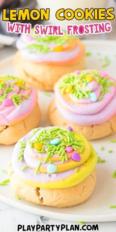 lemon cookies with swirl frosting and sprinkles are on a white plate