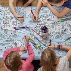 Learn geography and world facts by coloring the globe with this illustrated tablecloth. Keeping Kids Busy, World Map Design, Maps For Kids, Washable Markers, Fun World, Fabric Pen, Kids Discover, Fabric Markers, Business For Kids