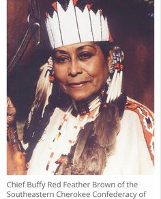 an old photo of a native american woman with feathers on her head and the caption chief buffy red feather brown of the southwestern