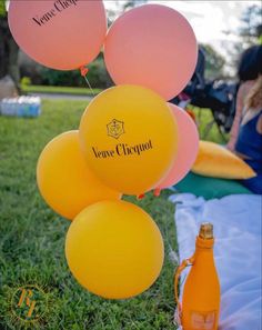 some balloons and bottles are on the grass