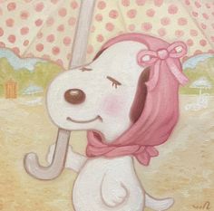 a painting of a dog holding an umbrella