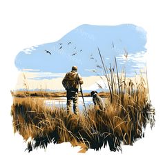 a painting of a man and his dog walking through tall grass by the water's edge