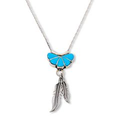 Chaco Canyon Sterling Silver Campitos Turquoise Flower 18" Necklace  Adorn your neckline with this fun, sterling silver and turquoise necklace. Designed and handcrafted by Native American artisans, the pretty piece features petal-like turquoise stones and dangling silver "feather" charms.       Necklace approx. 18"L x 1/16"W      Drop approx. 1-15/16"L x 13/16"W     Stamped .925     Spring ring clasp     Oval-link chain necklace has flower petal-inspired drop with bezel-set, pear-shaped blue turquoise     Two silver "feather" charms dangle from drop     Oxidized, polished finish     Made in USA   Stone Information       All sizes and weights approximate     Stabilized Campitos Turquoise - Pear (4x8-5x7mm); mined in USA Chaco Canyon, Charms Necklace, Bright Winter, Southwest Jewelry, Turquoise Flowers, Silver Feather, Feather Charms, Flower Petal, Turquoise Stones