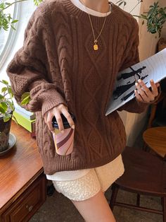 Coffee Brown Casual Collar Long Sleeve Acrylic Plain Pullovers Embellished Slight Stretch  Women Knitwear Dazy Shein, Estilo Rory Gilmore, Autumn Fits, Pullover Outfit, Drop Shoulder Sweaters, Mode Inspo, Autumn Outfit, 가을 패션, Outfit Inspo Fall