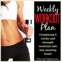 a woman holding a bottle with the words weekly workout plan written on it, in front of her