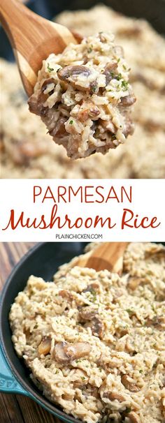 a pan filled with mushroom rice on top of a wooden table