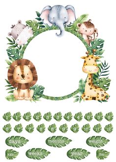 the jungle animals are arranged in a circle with green leaves and numbers to make it look like