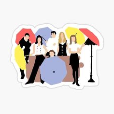 a group of people standing around each other with umbrellas over their heads sticker