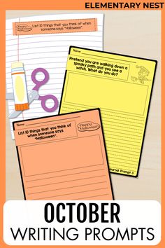 an orange and white poster with the words october writing prompts