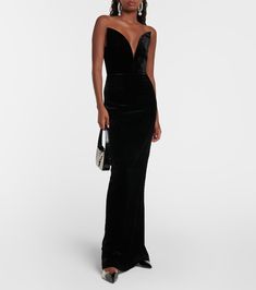 Strapless velvet gown in black - Roland Mouret | Mytheresa Luxury Velvet Prom Evening Dress, Glamorous Velvet Strapless Dress, Glamorous Strapless Velvet Dress, Glamorous Velvet Evening Gown, Luxury Velvet Party Gown, Luxury Velvet Gown For Party, Luxury Strapless Maxi Dress For Formal Occasions, Luxury Strapless Mini Dress For Formal Occasions, Elegant Velvet Dress With Boned Bodice