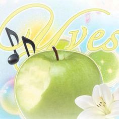 an apple with music notes on it next to a flower and the words give's