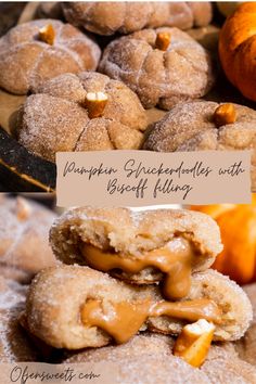 pumpkin spicer cookies with biscuit filling are stacked on top of each other in front of an assortment of mini pumpkins