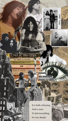 collage of photos with words and pictures on them, including an image of a woman's face