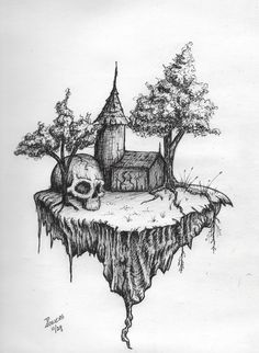 a drawing of a house on an island with a skull in the middle and trees around it