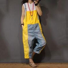 Color Block Fashion Baggy Overalls Womans Cotton Jumpsuits in Yellow Blue One Size - Morimiss.com Style Salopette, Color Block Fashion, Baggy Overalls, Fashion Baggy, Colour Blocking Fashion, Overalls Fashion, Cotton Jumpsuit, Jumpsuit Online, Floral Outfit