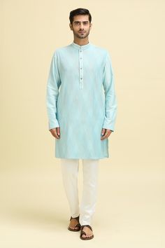 Sky blue full sleeves kurta crafted in silk viscose with all over pintucks and threadwork pattern detailing. - Aza Fashions Jayanti Reddy, Kurta For Men, Anushree Reddy, Kurta Patterns, Kurta Men, Anamika Khanna, Rohit Bal, Tarun Tahiliani, Kareena Kapoor Khan