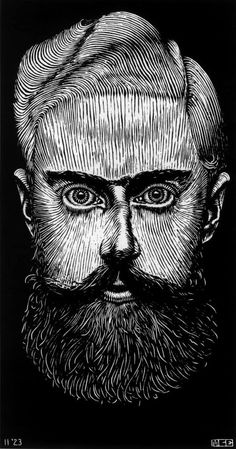 a black and white drawing of a bearded man