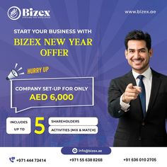 a man in a suit and tie pointing at the camera with an advertisement for bizex