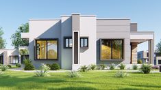 two story modern home with grass and trees in the front yard, on a sunny day