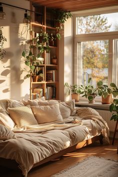 a living room filled with lots of furniture and plants on the windows sill next to a window