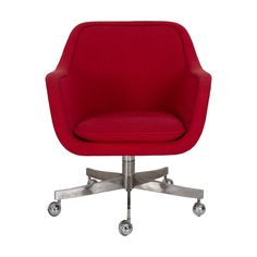 a red office chair with chrome wheels on an isolated white background