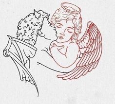 a drawing of an angel kissing a demon