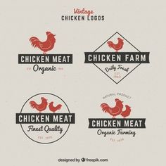 four chicken meat logos on white paper with red and black lettering that reads, chicken meat farm