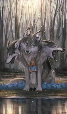 two gray wolfs standing next to each other in front of a forest with water