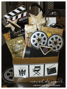 a gift box filled with movie related items