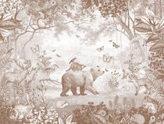 an image of a bear in the woods with butterflies and flowers on it's back