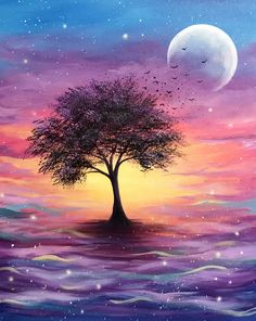 a painting of a tree in the middle of water with a full moon behind it