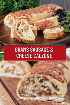 sausage and cheese calzone on a wooden cutting board