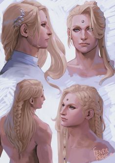 some very pretty blondes with long hair and braids on their heads, in different poses