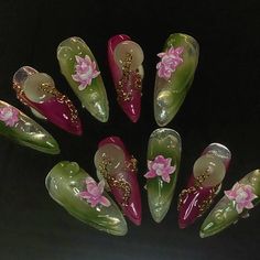 Lotus press-on nails Lotus Nail Design, Chinese Inspired Nails, Nails At Home Aesthetic, Nail Art Inspo Aesthetic, Lotus Flower Nails, Nails No Charms, Japanese Inspired Nails, Lotus Flower Aesthetic, Soft Grunge Nails