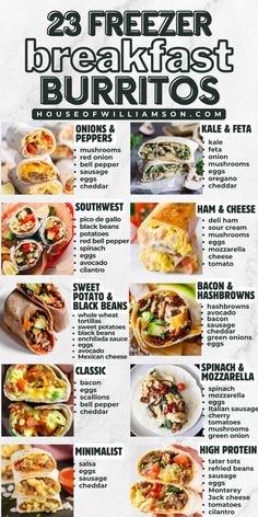 Freezer Make Ahead Breakfast Burritos - by House of Williamson Easy Breakfast Ideas To Freeze, Breakfast Recipes Freezer, Healthy Premade Breakfast Ideas, Breakfast Prep Freezer, Breakfast Burrito Recipe Freezer, Breakfast Prep Meals, Freezer Meals Burritos, Shrimp Breakfast Burrito, Freezer Friendly Breakfast Burritos