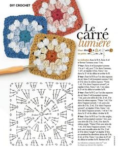 three crocheted grannys are featured in the article, le carre lumiere