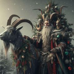 a man dressed as santa claus standing next to a goat in front of a christmas tree