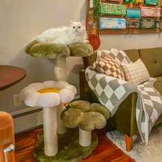 a cat sitting on top of a tree in a living room next to a couch