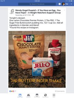 a facebook post with an image of peanut butter and jelly shake