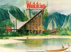 an advertisement for the waikian resort in hawaii, featuring two people on a canoe