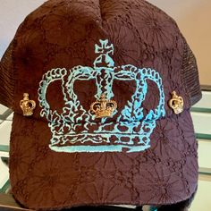 Never Worn - Brown/Teal Brokedown Trucker Hat With Gold Crown Embellishments | Adjustable Velcro Straps Pristine Condition Long Sleeve Navy Dress, Chanel Hat, Happy Hat, Pink Baseball Cap, Vintage Veils, Black Rain Boots, Brown Teal, Cc Beanie, Black Baseball Cap