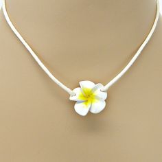 Single Strand 16 inch Pink or White Cord Choker Necklace with matching color Fimo Plumeria Flower slider pendant In stock. Shipped daily from Florida USA Adjustable Flower Pendant Necklace For Beach, White Flower Charm Necklace For Beach, White Flower Charm Necklace For The Beach, White Flower Pendant Jewelry For Beach, Yellow Flower Necklace For The Beach, Yellow Flower Necklace For Beach, White Adjustable Flower Charm Necklace, White Adjustable Charm Necklace With Flower Charm, White Flower Charm Jewelry For Beach