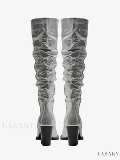 Lasaky - Premium Western-style Metallic Silver PU Leather Mid Calf Boots with Pointed Toe, Sturdy Block Heel, and Slouch Design Silver Heeled Boots For Fall, Silver Fitted Knee-high Boots For Fall, Fitted Silver Knee-high Boots For Fall, Silver Fitted Heeled Boots For Fall, Silver Knee-high Boots With Pointed Toe For Fall, Slouch Boots, Pu Boots, Leather Western Boots, Western Design