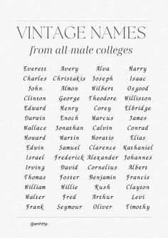 an old fashioned font and numbers are displayed on a sheet of paper with the words, vintage names from all male college