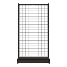 a black metal rack with grids on the top and bottom, against a white background