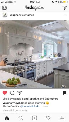 an image of a kitchen with white cabinets and marble counter tops, as well as the real house on twitter