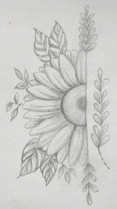 a pencil drawing of a sunflower with leaves and flowers on it's side