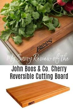 a cutting board with greens on it and the words john bos & co, reversible cutting board